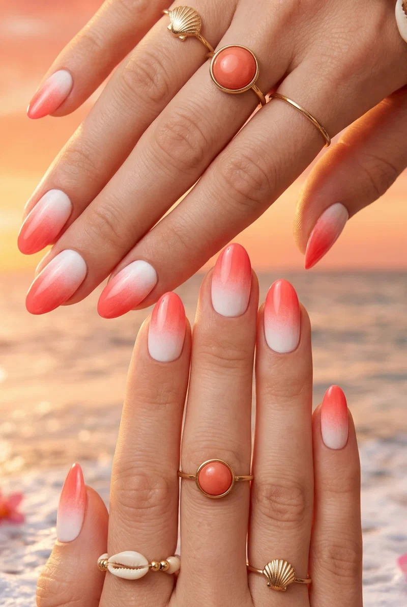 Coral ombre gradient nails fading from white to bright coral