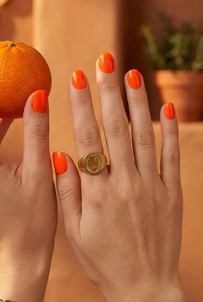 Bright electric orange nails on short round nails