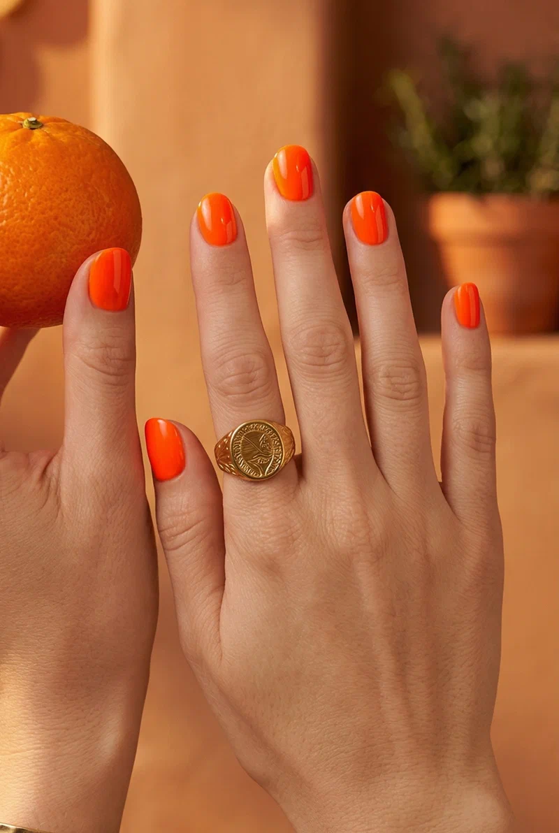 Bright electric orange nails on short round nails
