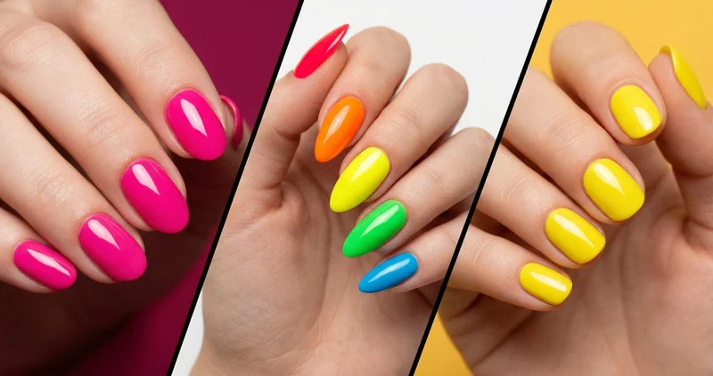 Collage of four bright spring nail designs including neon coral, hot pink, rainbow accent, and yellow nails