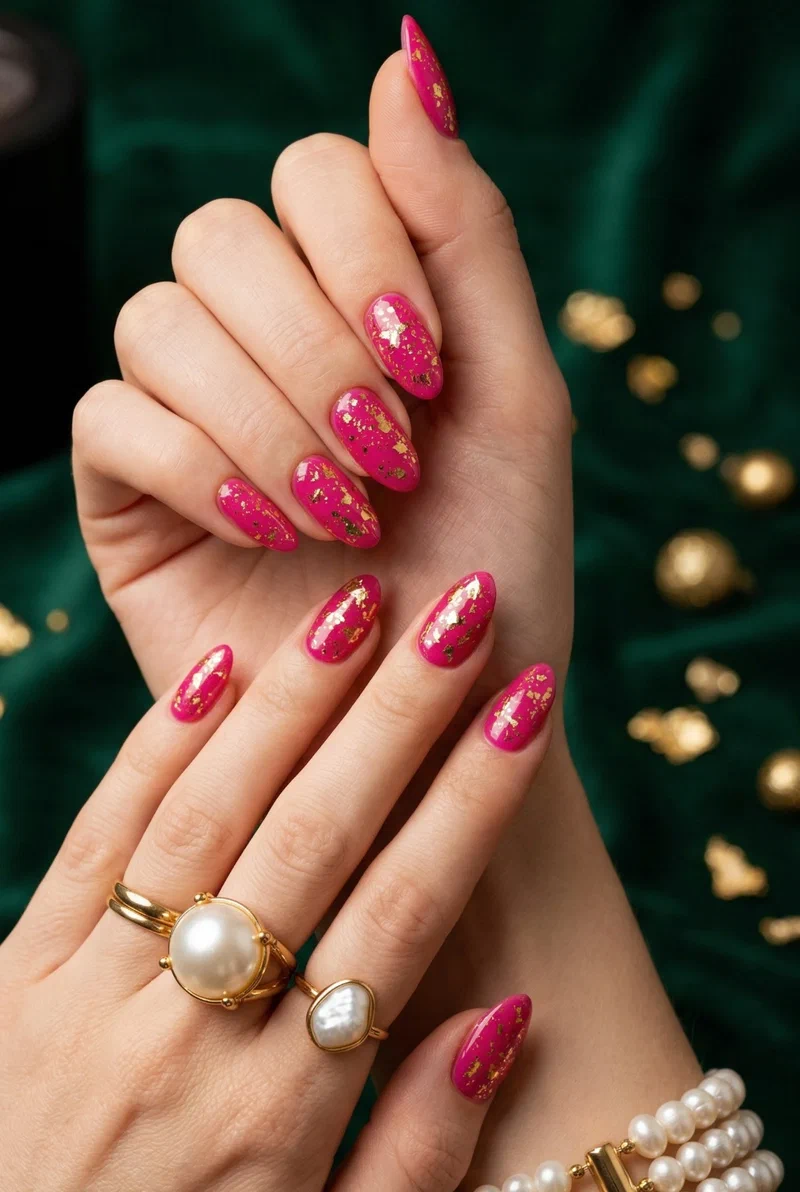 Fuchsia nails with gold foil flecks on almond shaped nails
