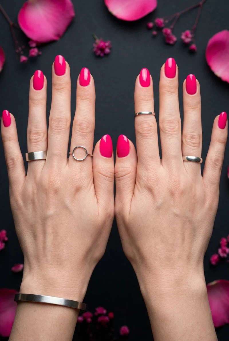 Hot pink glossy nails on short almond nails