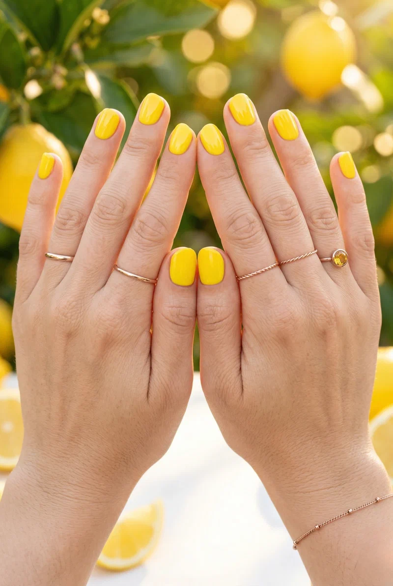 Bright lemon yellow nails on short round nails
