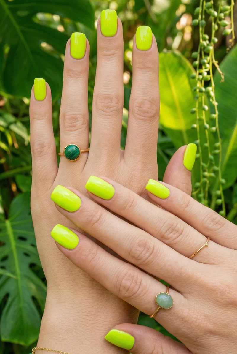 Bright lime green nails on short squoval nails