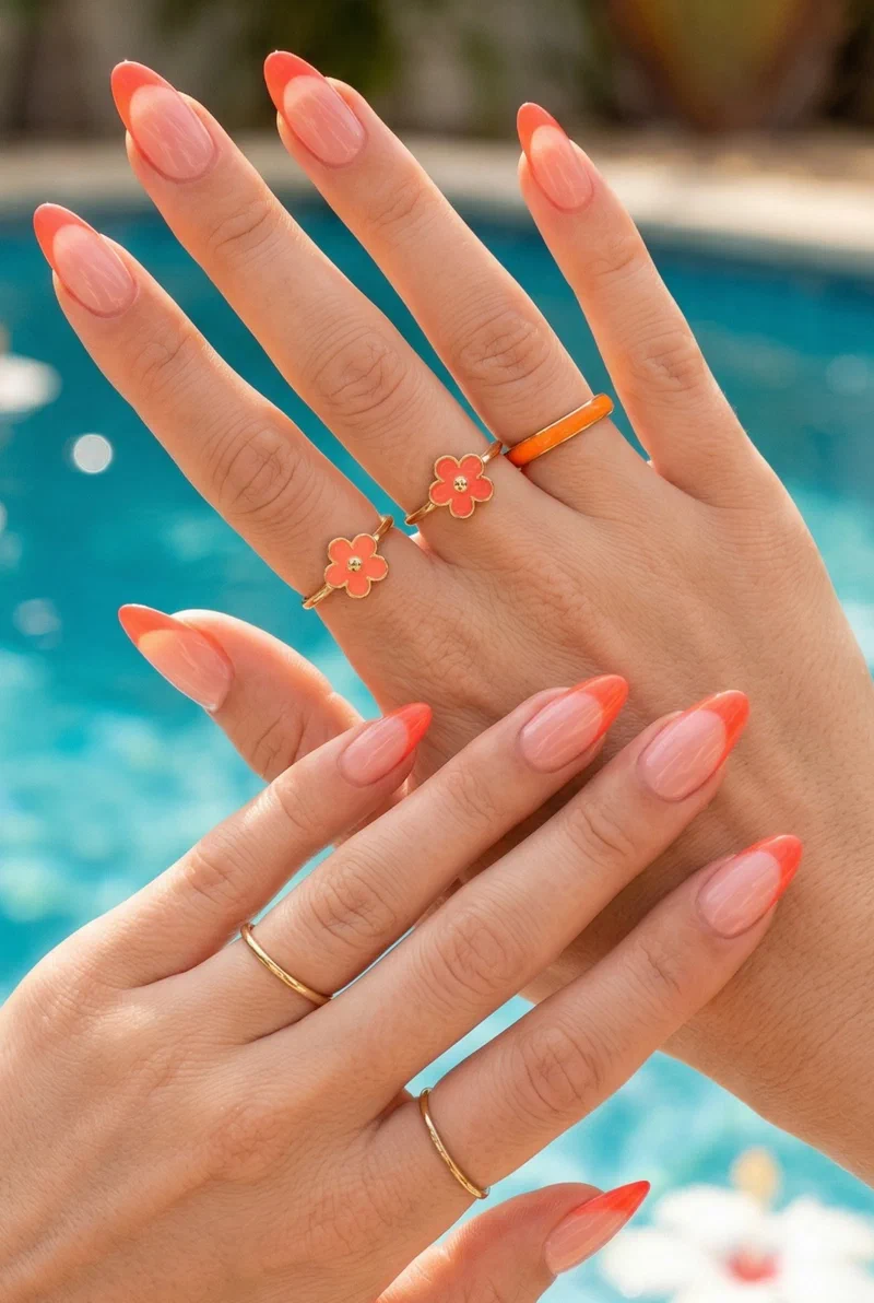 Neon coral French tip nails on medium almond nails