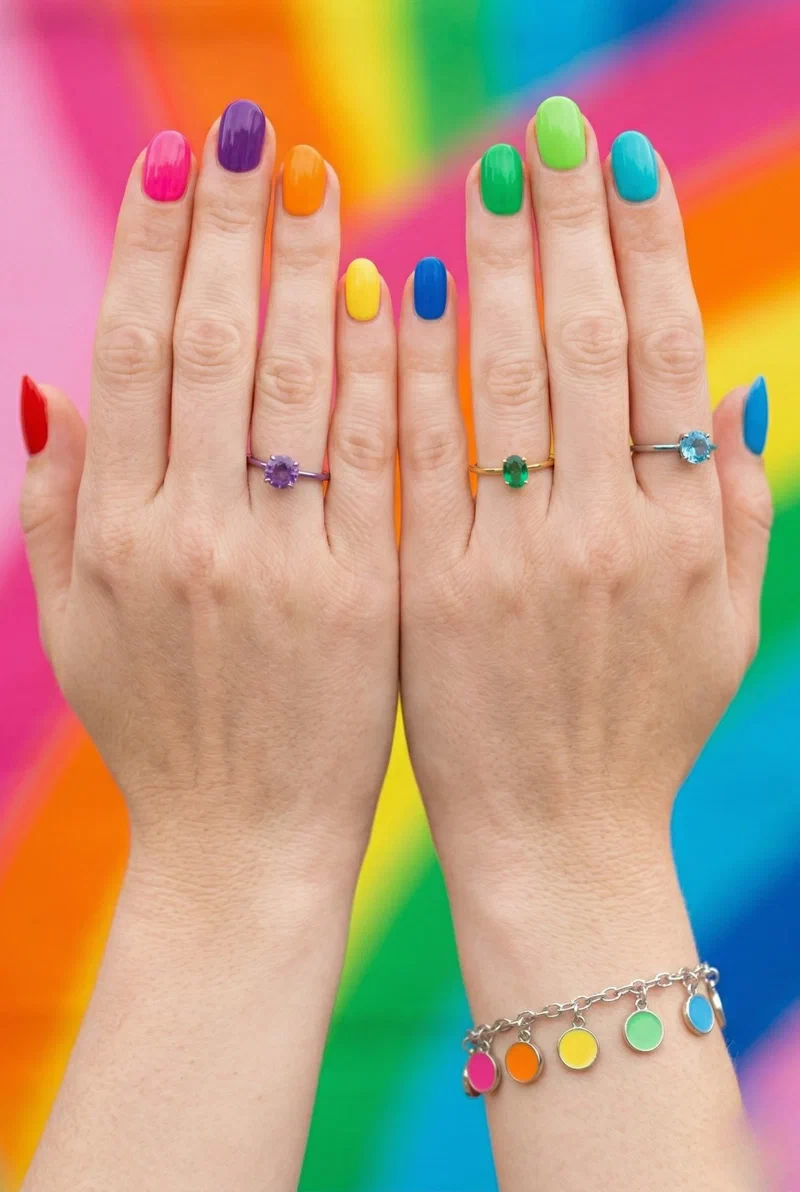 Rainbow colored nails with different bright shades on each nail