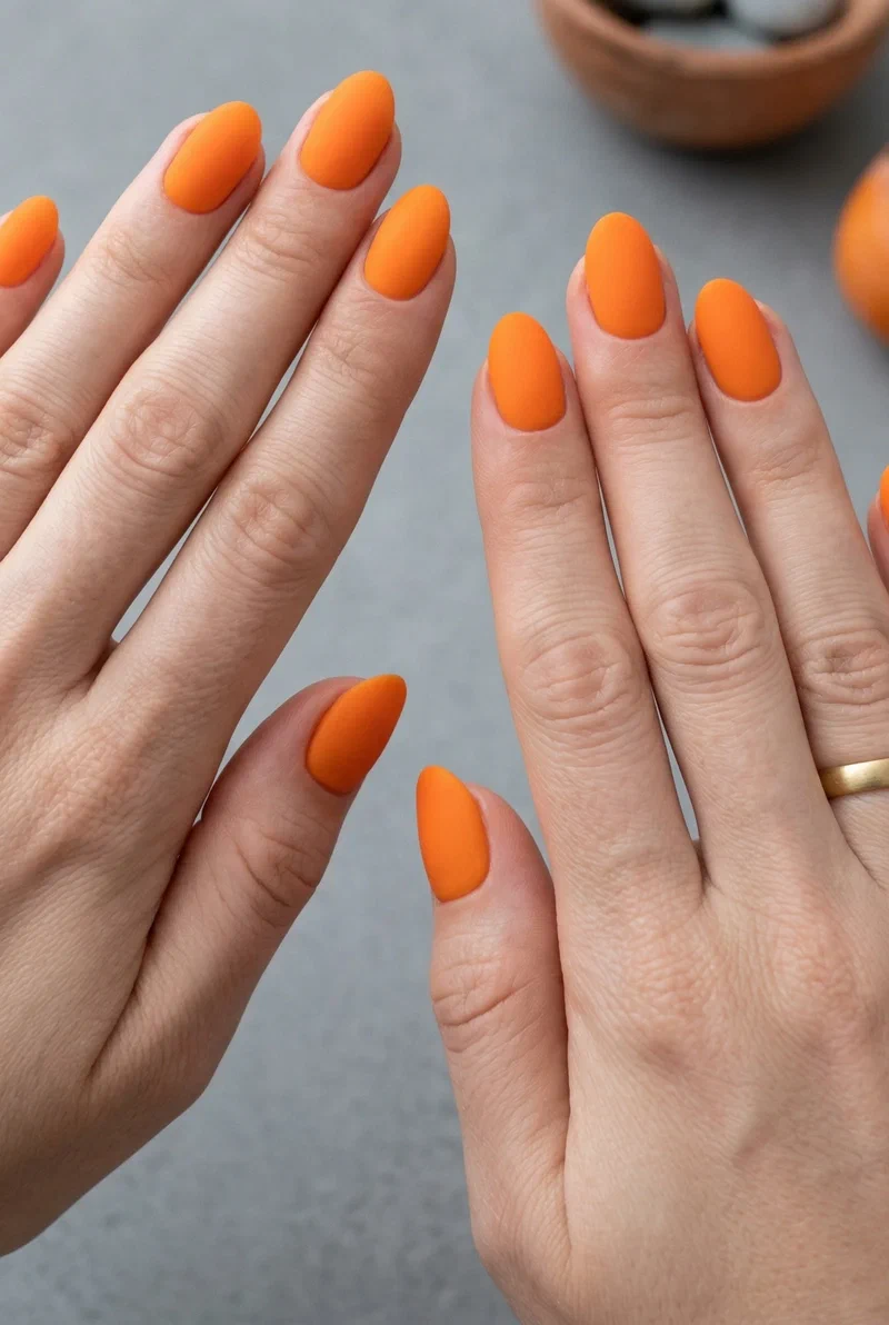 Matte tangerine orange nails on short almond nails