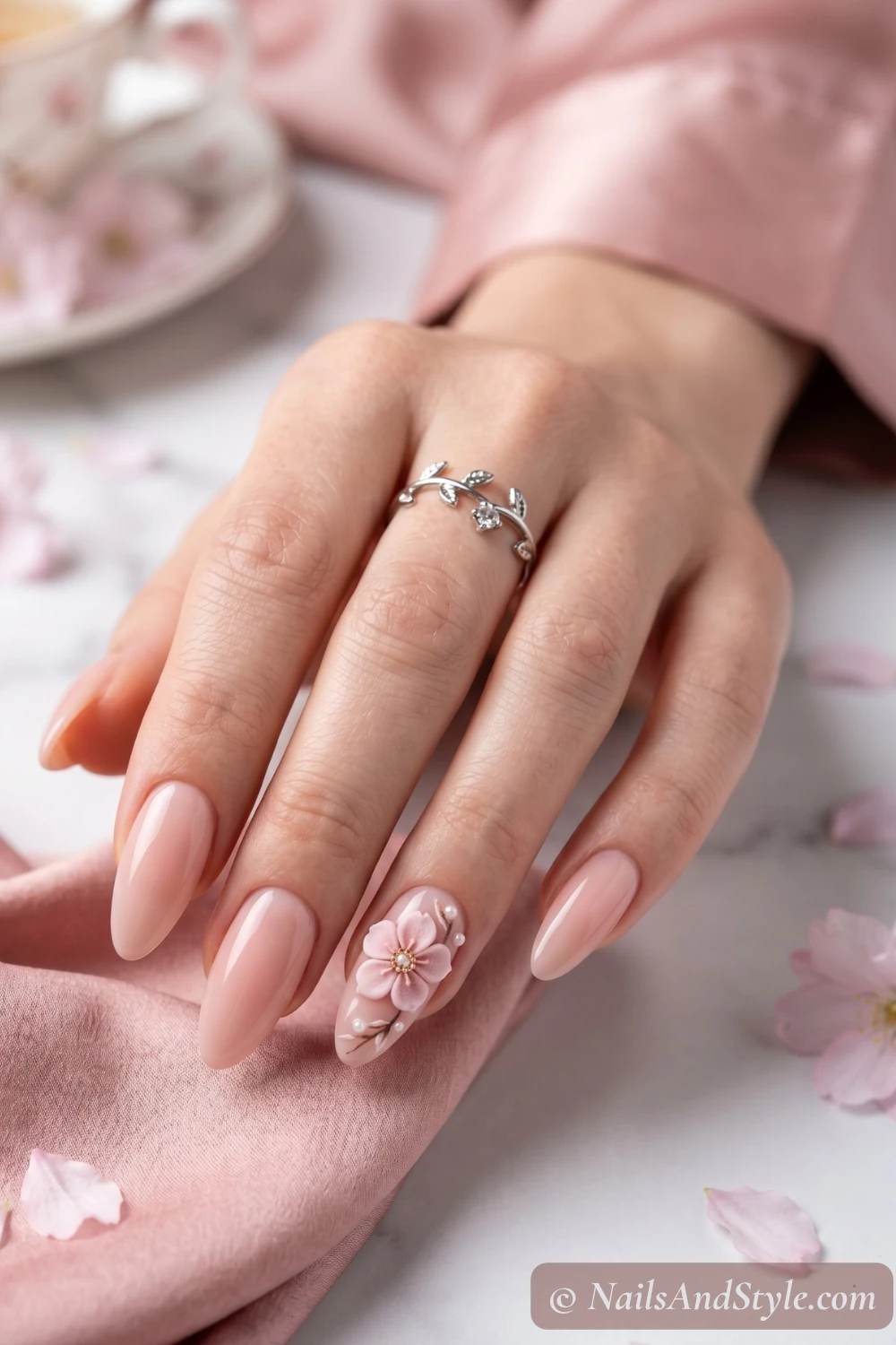 3D cherry blossom accent nails