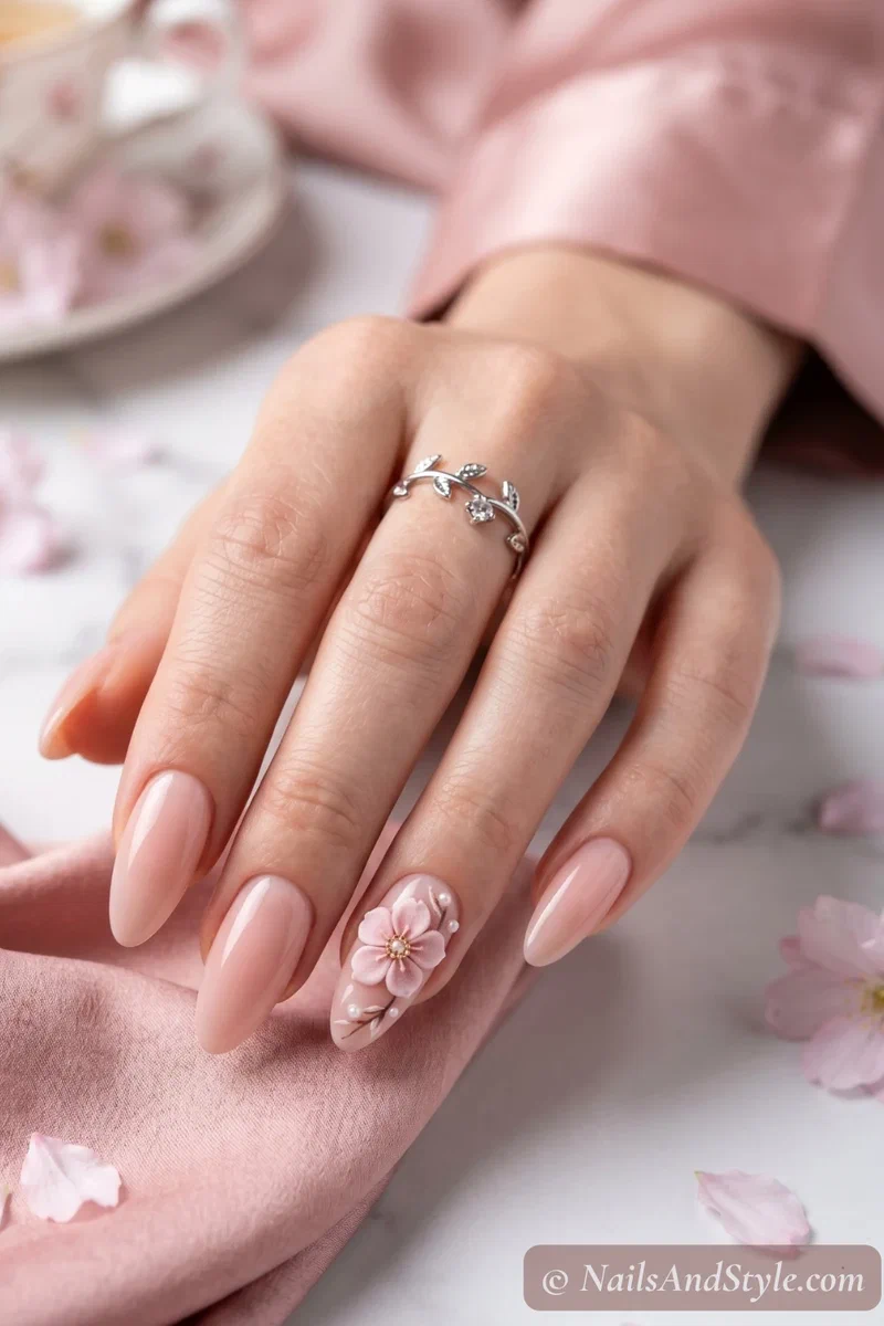 3D cherry blossom accent nail with sculpted pink petals on nude base and almond shape
