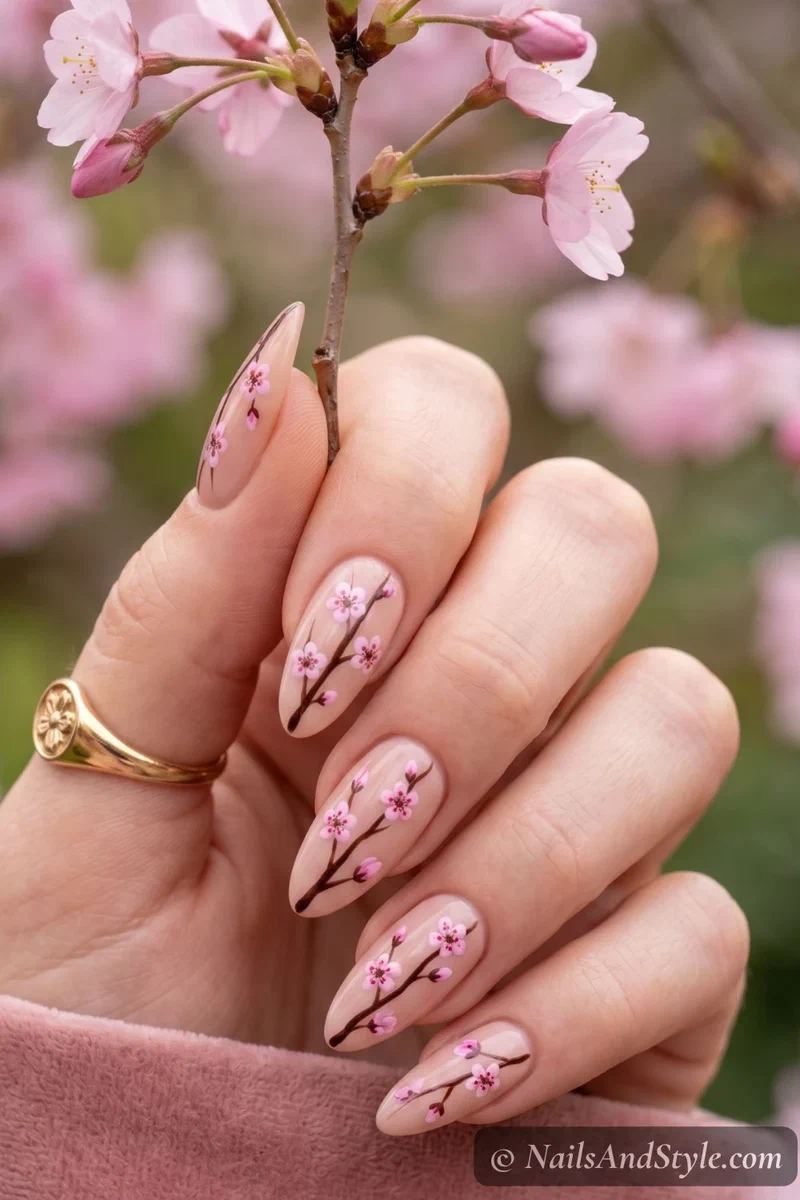 Cherry blossom branch nail art with dark brown branches and pink sakura flowers on nude base