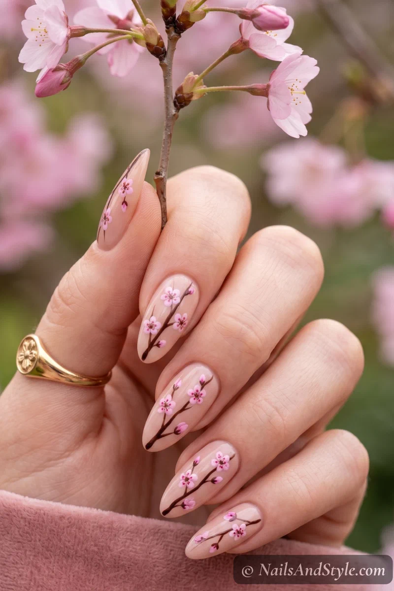 Cherry blossom branch nail art with dark brown branches and pink sakura flowers on nude base
