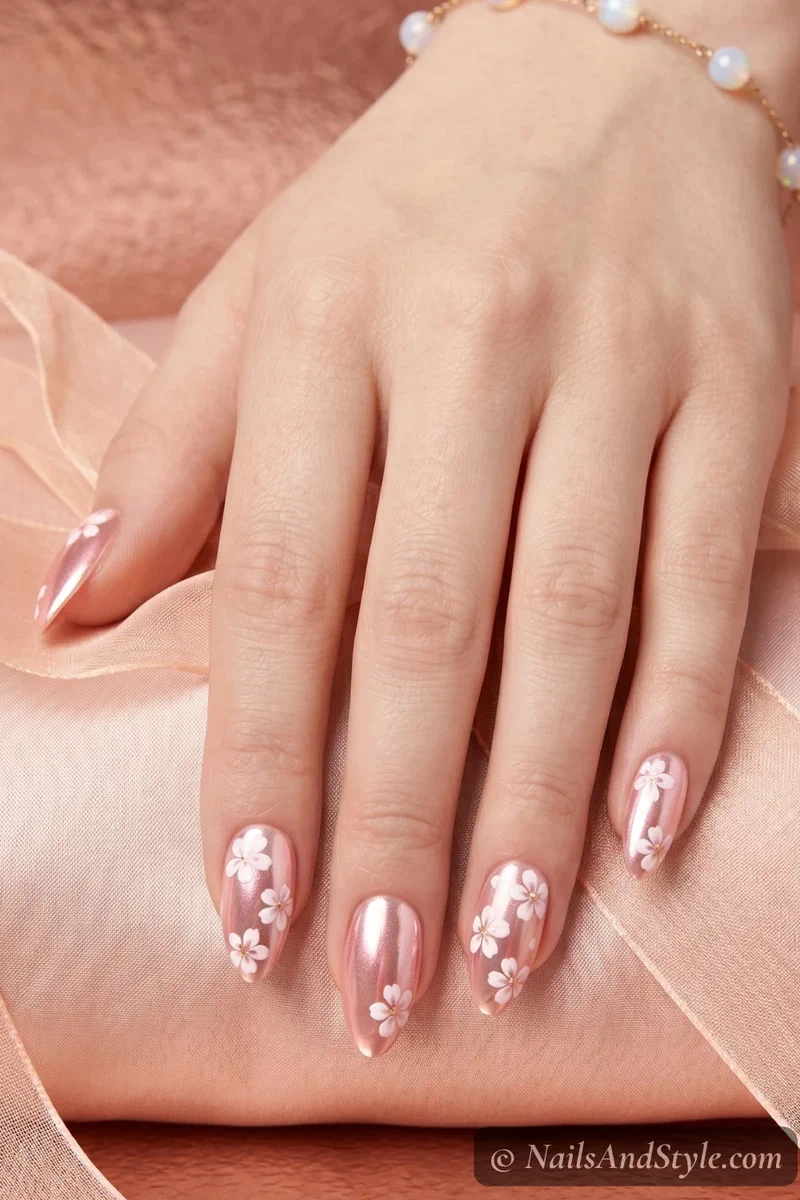Pink chrome nails with white cherry blossom flower accents on medium almond nails