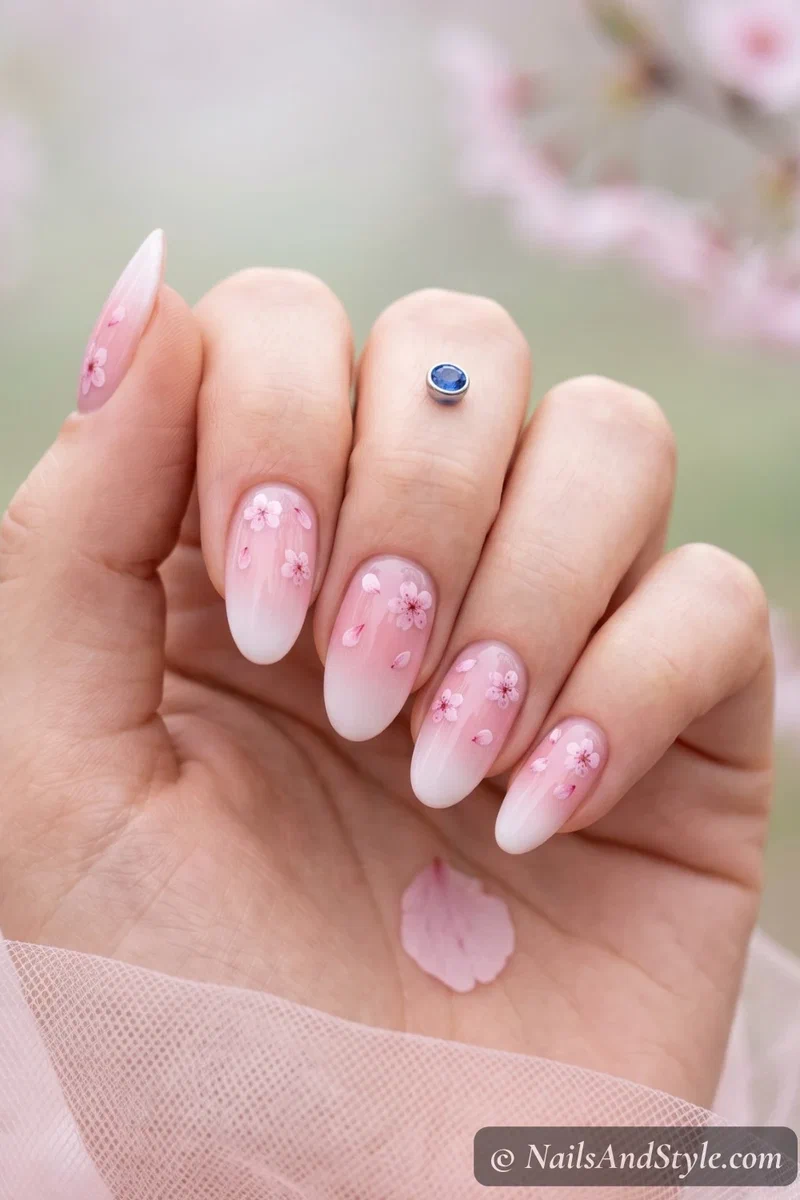 Pink to white ombre nails with scattered cherry blossom florals on medium oval nails