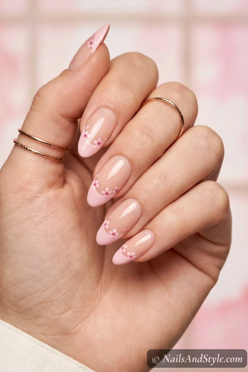 Delicate cherry blossom french tip nails with pink blossoms scattered along the smile line