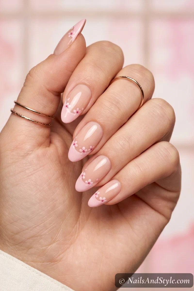 Delicate cherry blossom french tip nails with pink blossoms scattered along the smile line