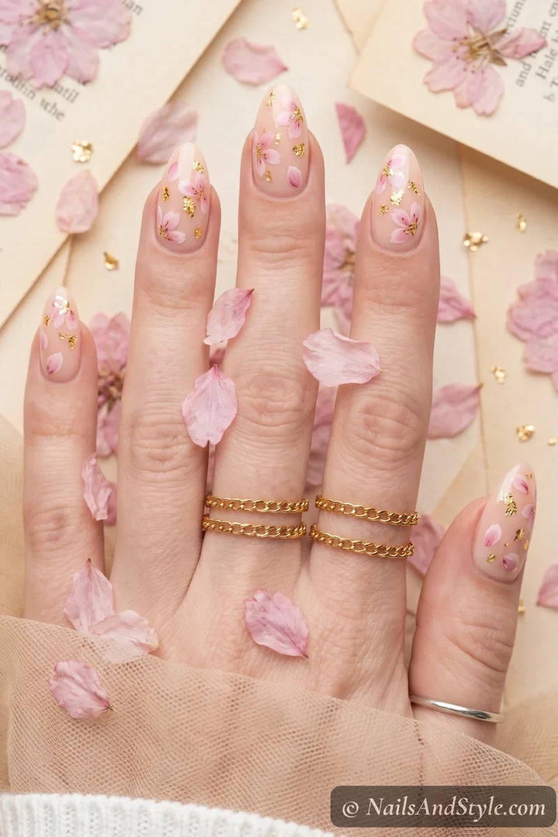 Cherry blossom petals with gold foil flakes on nude nails in medium almond shape