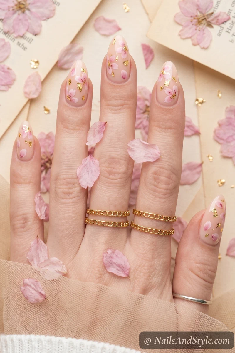 Cherry blossom petals with gold foil flakes on nude nails in medium almond shape