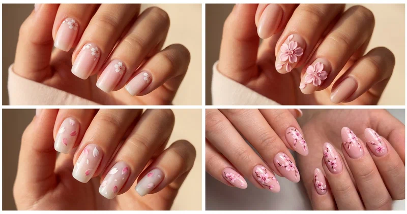 Collage of four dreamy cherry blossom nail designs featuring milky pink blossoms, 3D sakura accents, delicate petal rain, and pink almond blossom nails
