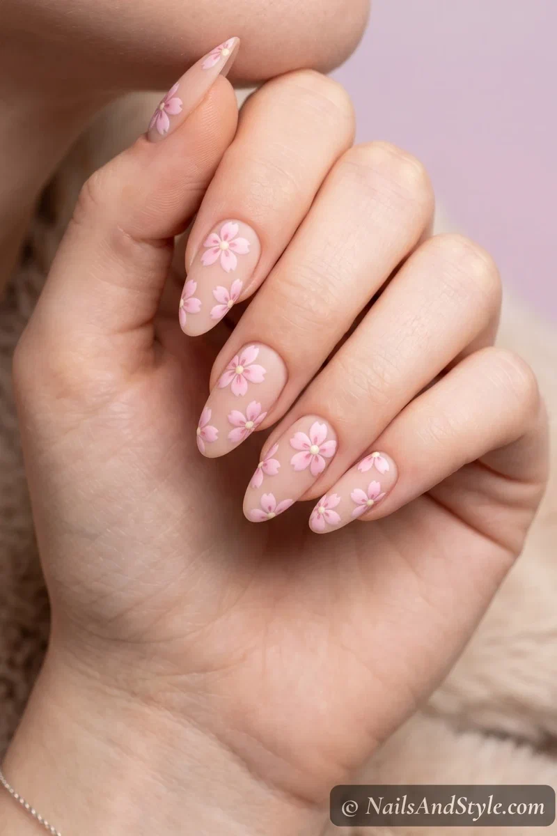 Matte finish cherry blossom nails with soft pink blossoms on nude base in almond shape
