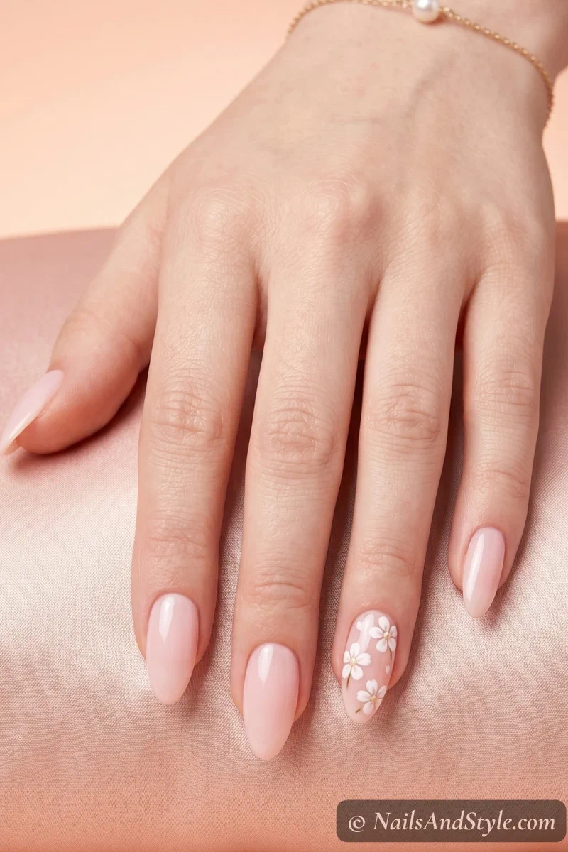 Milky pink cherry blossom nails with delicate white petal accent on medium almond nails