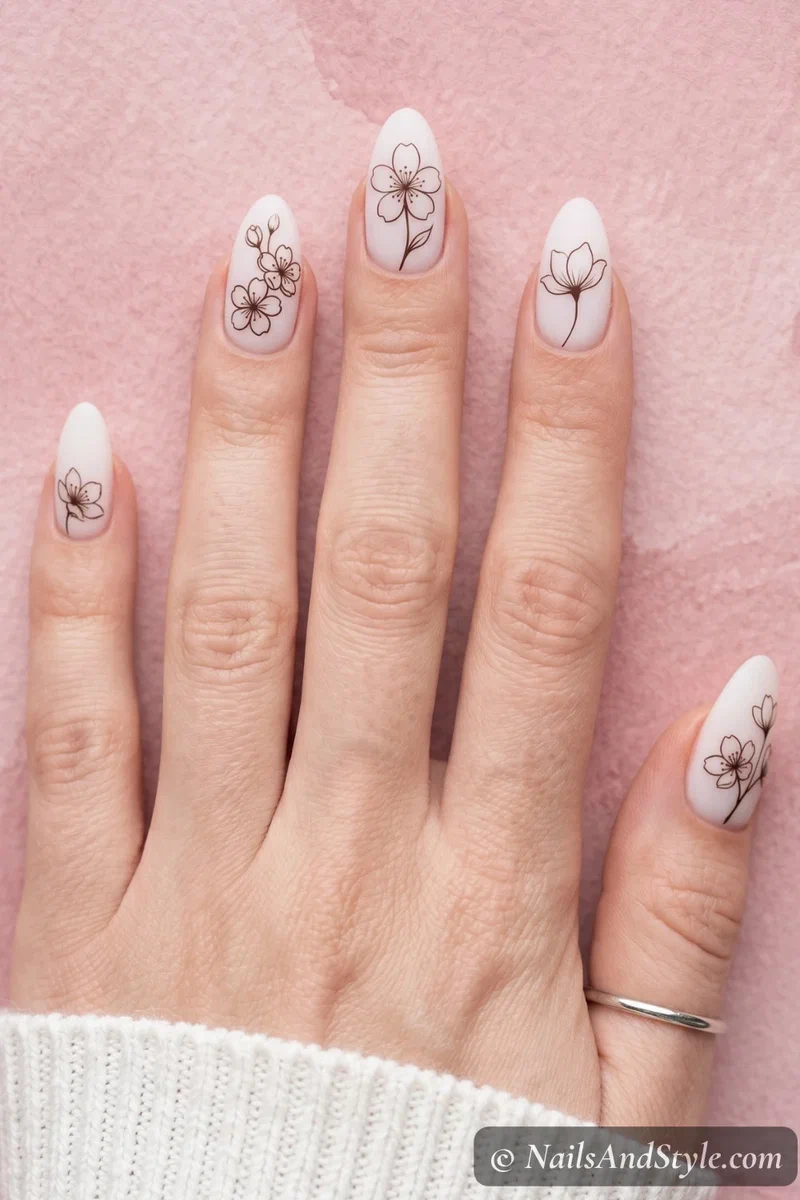 Minimalist cherry blossom outline nail art with thin sketched petals on milky white base