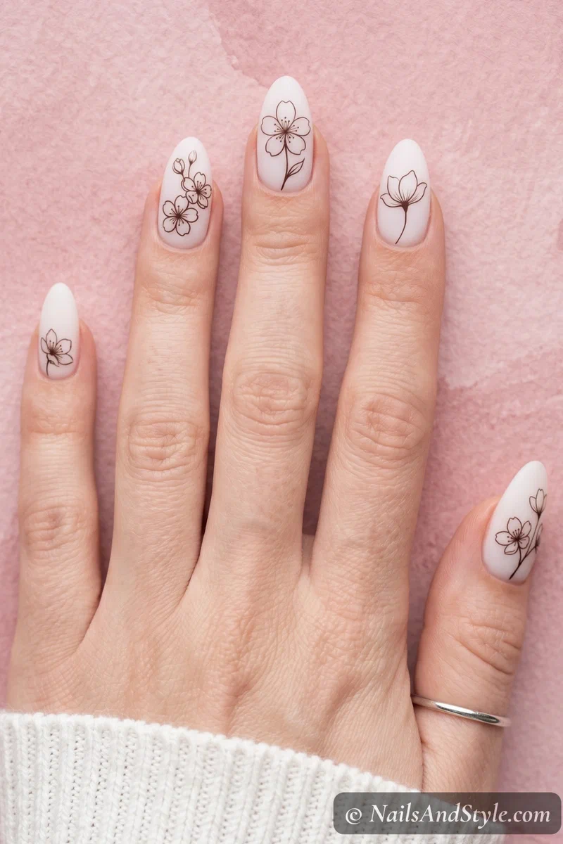 Minimalist cherry blossom outline nail art with thin sketched petals on milky white base