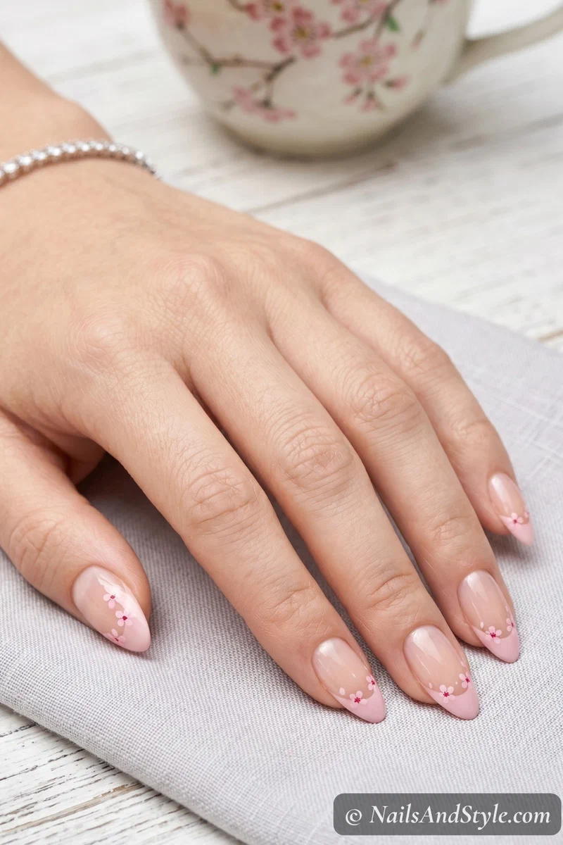 Negative space cherry blossom nails with pink flowers painted directly on natural nails