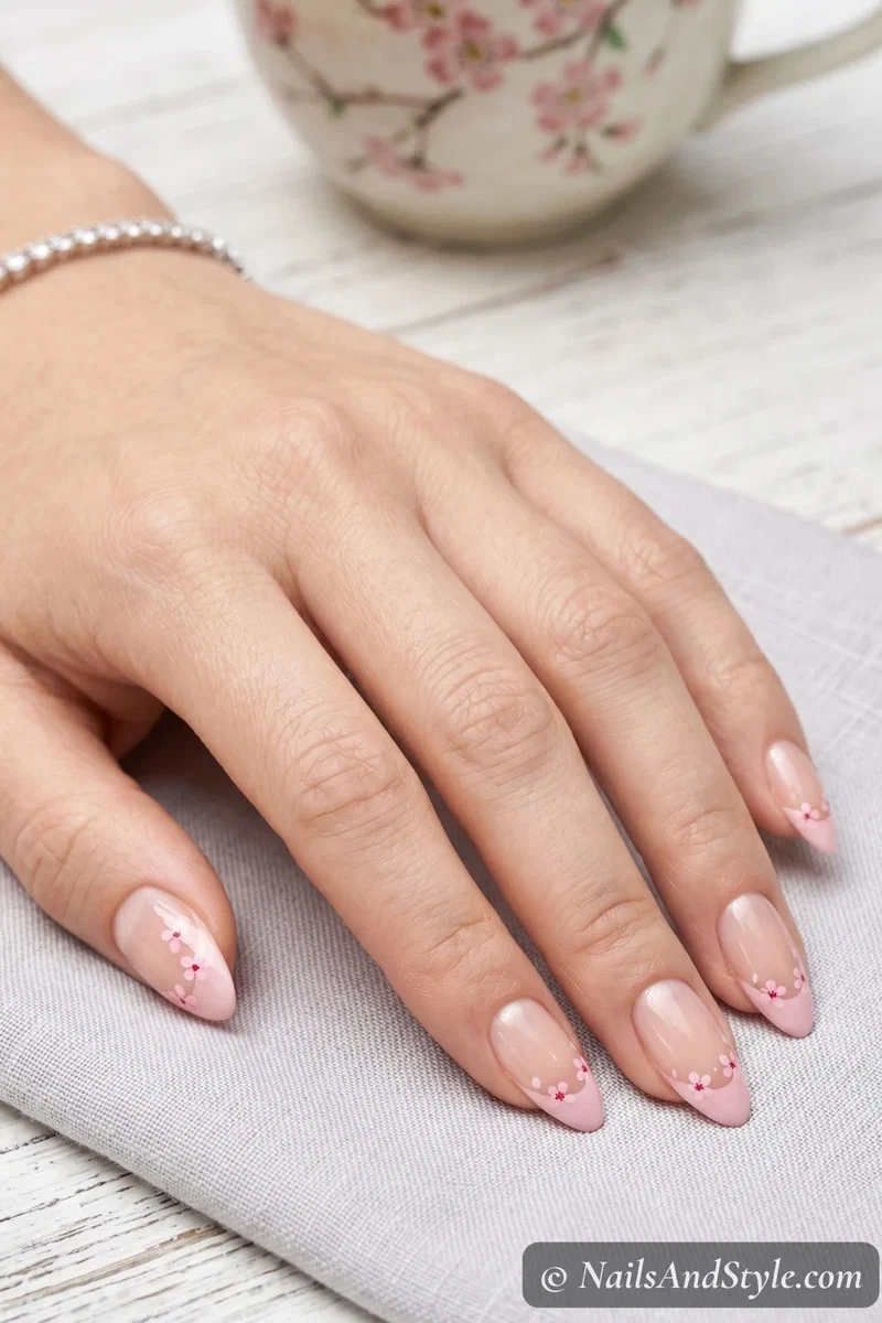 Negative space cherry blossom nails with pink flowers painted directly on natural nails