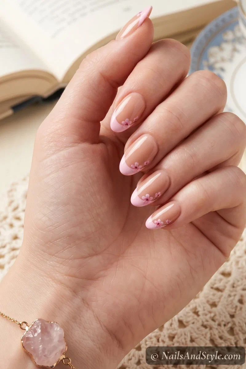 Pastel pink blossom tip nails with cherry blossoms at the boundary between nude base and pink tips