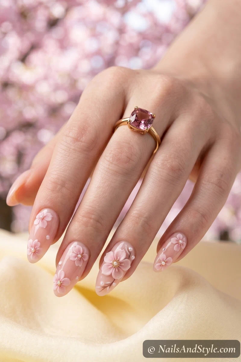Pink cherry blossom almond nails with detailed sakura flowers on blush base across all ten nails
