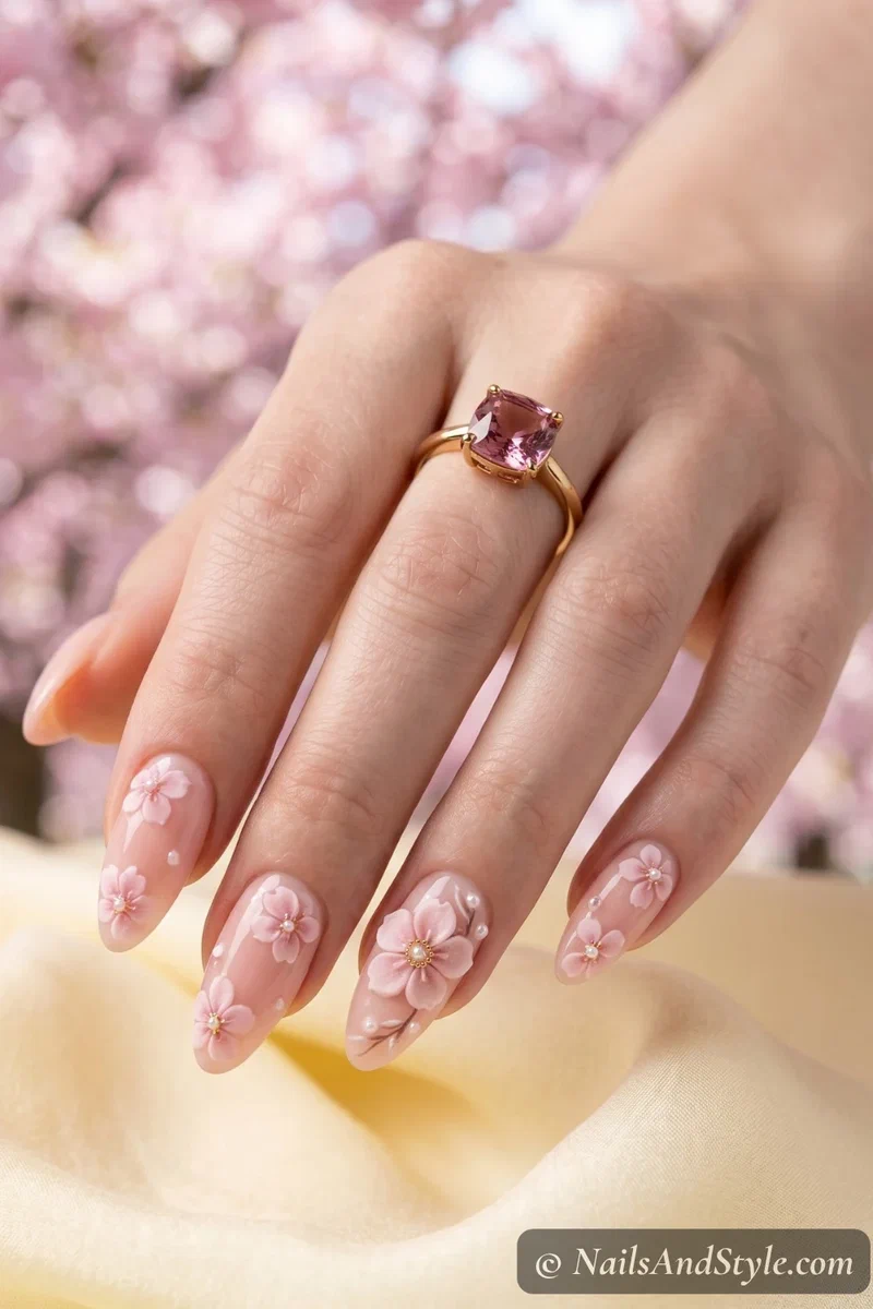 Pink cherry blossom almond nails with detailed sakura flowers on blush base across all ten nails
