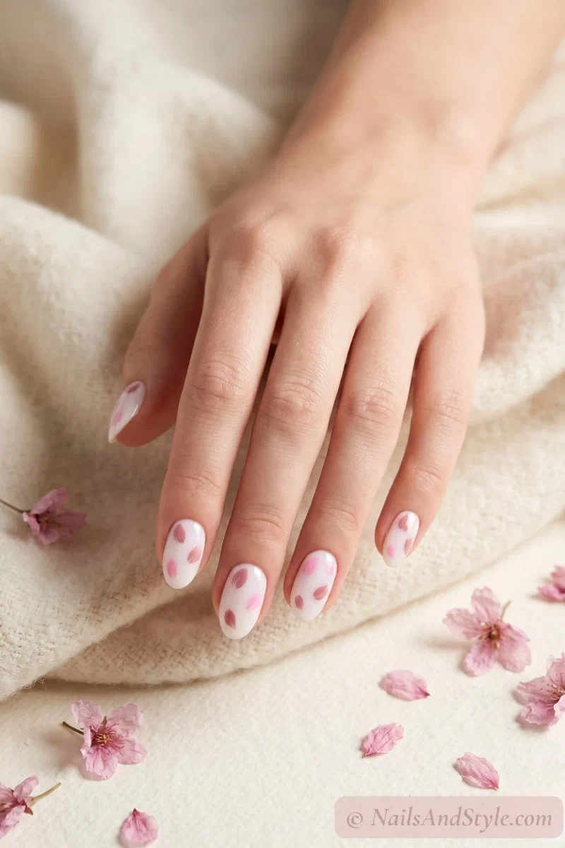 Cherry blossom petal rain nail art with scattered pink petals on milky white short nails
