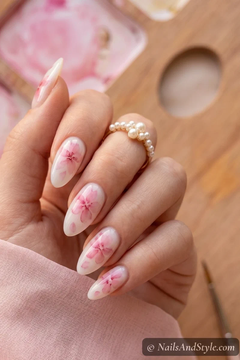 Watercolor cherry blossom nail art with soft blurred pink flowers on milky white base