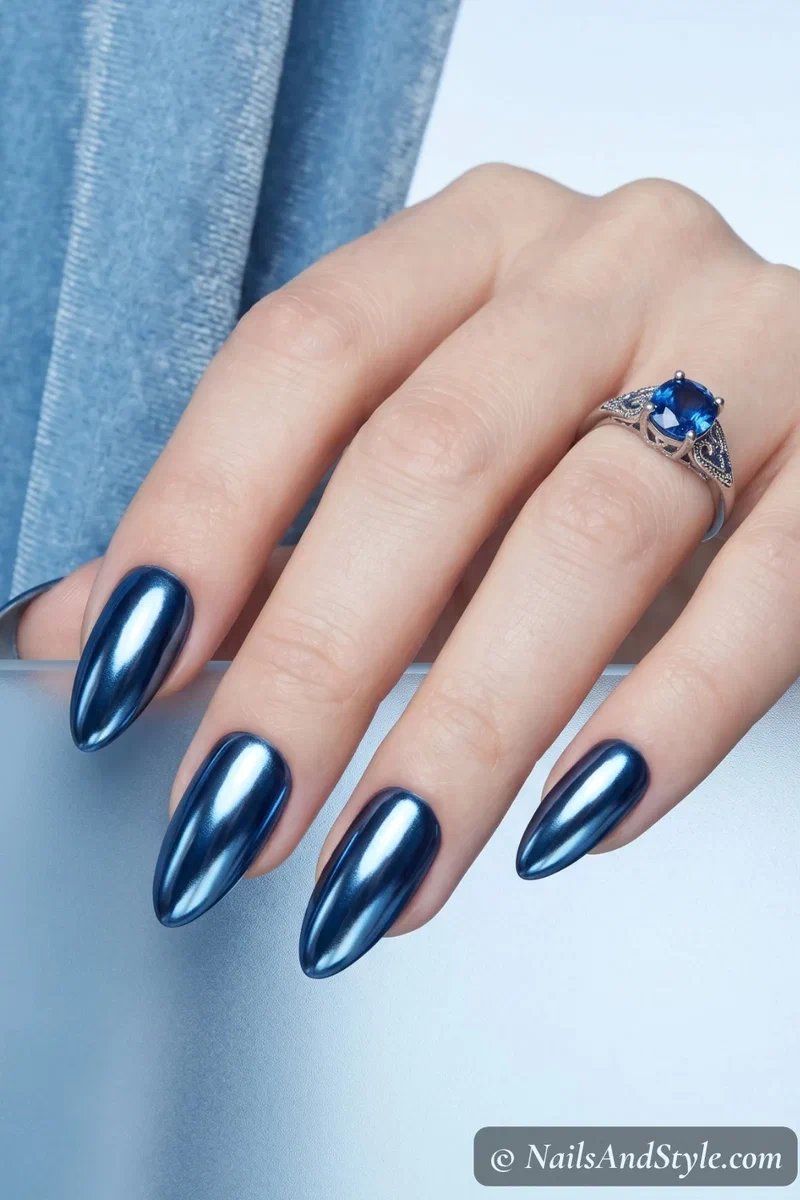 Icy blue chrome nails with deep metallic finish on medium almond nails
