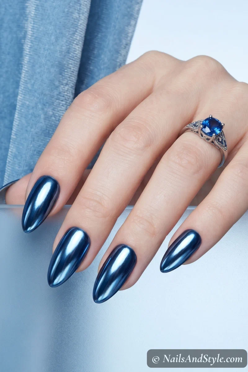 Icy blue chrome nails with deep metallic finish on medium almond nails