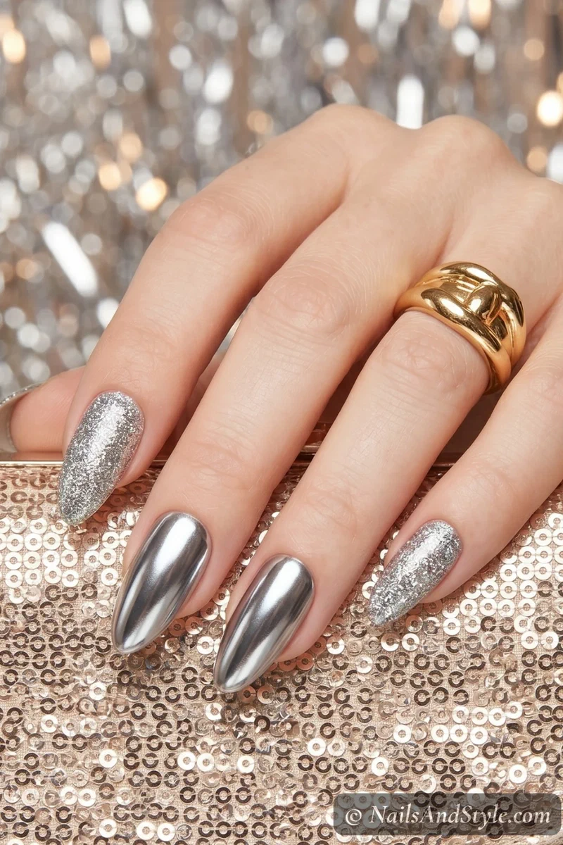 Mixed chrome and glitter accent nails with silver chrome and glitter combination on medium almond nails