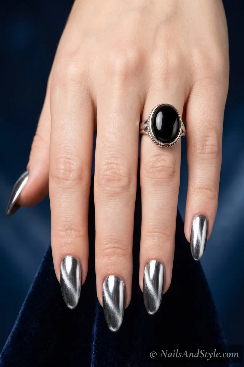 Chrome cat eye nails with magnetic stripe effect under silver chrome on medium almond nails