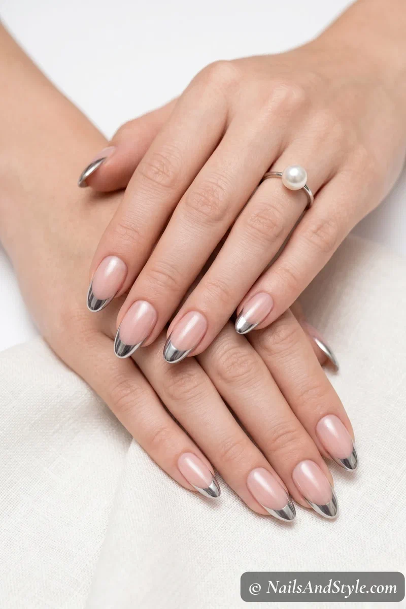 Chrome French tip nails with silver mirror tips on nude base, medium almond shape