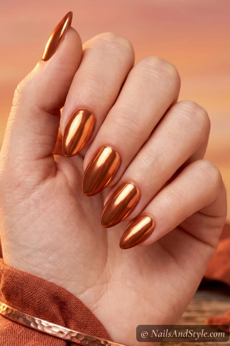 Copper chrome sunset nails with warm burnished metallic finish on medium almond nails