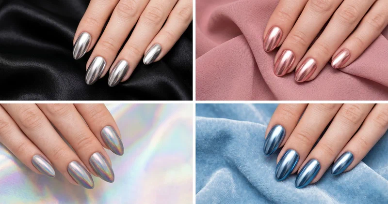 Collage of four chrome nail designs including silver mirror chrome, rose gold chrome, holographic chrome, and blue chrome ice nails