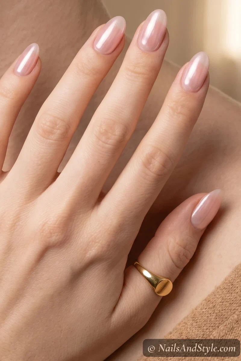 Glazed donut chrome nails with pearly translucent finish on short almond nails