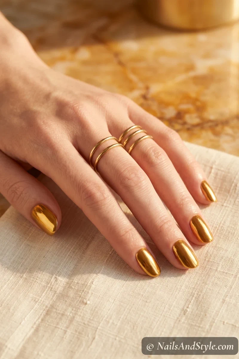 Warm gold chrome nails with rich metallic finish on medium almond nails