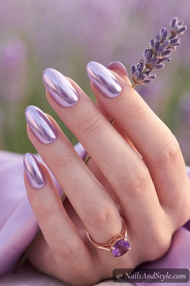 Lavender chrome nails with soft purple metallic finish on medium almond nails