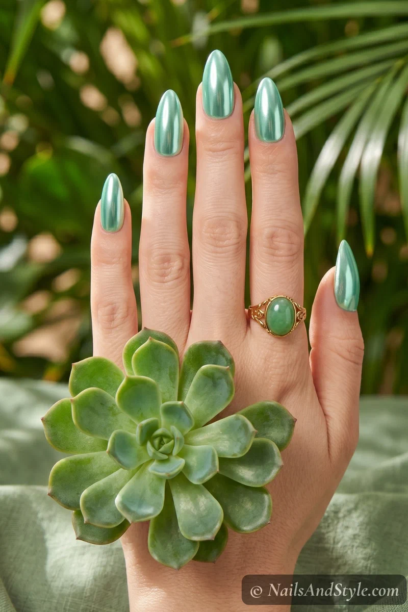 Mint green chrome nails with cool metallic finish on short almond nails