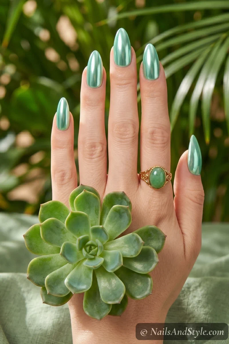 Mint green chrome nails with cool metallic finish on short almond nails