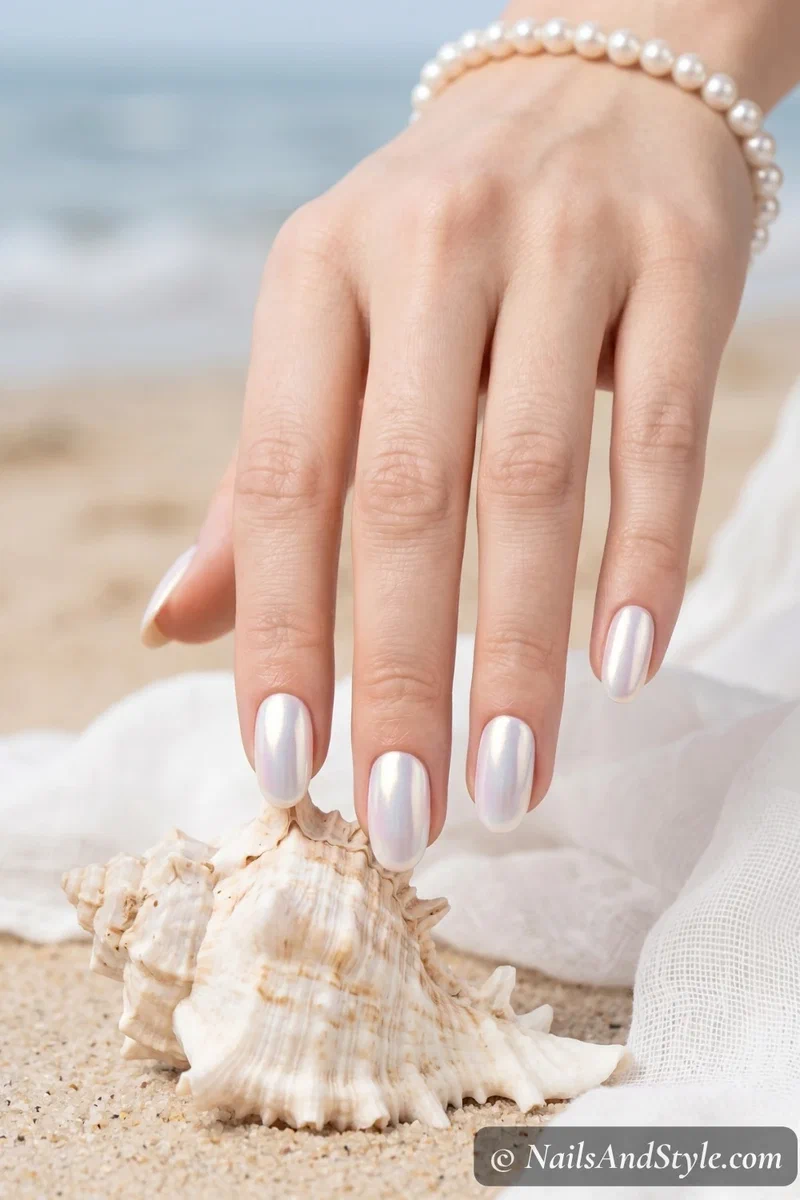 Pearl white chrome nails with opalescent shell-like finish on short round nails