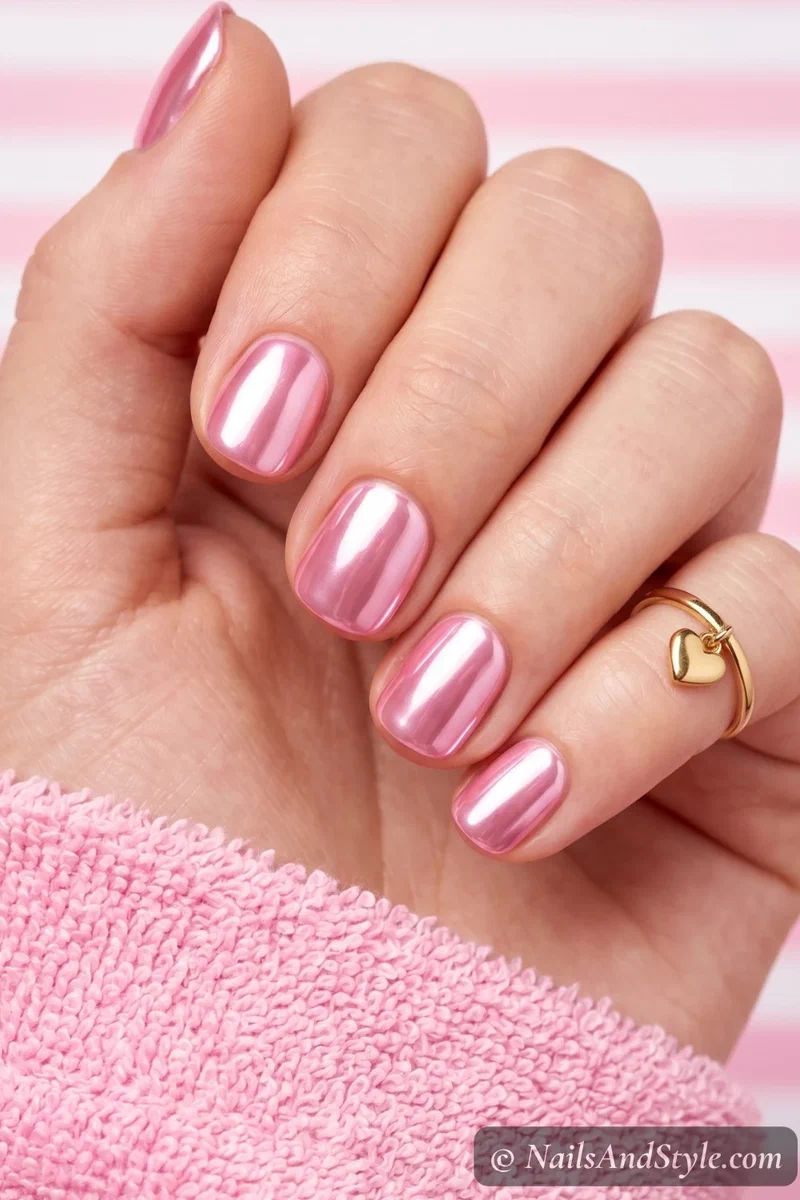 Pink chrome candy nails with bubblegum metallic finish on short round nails