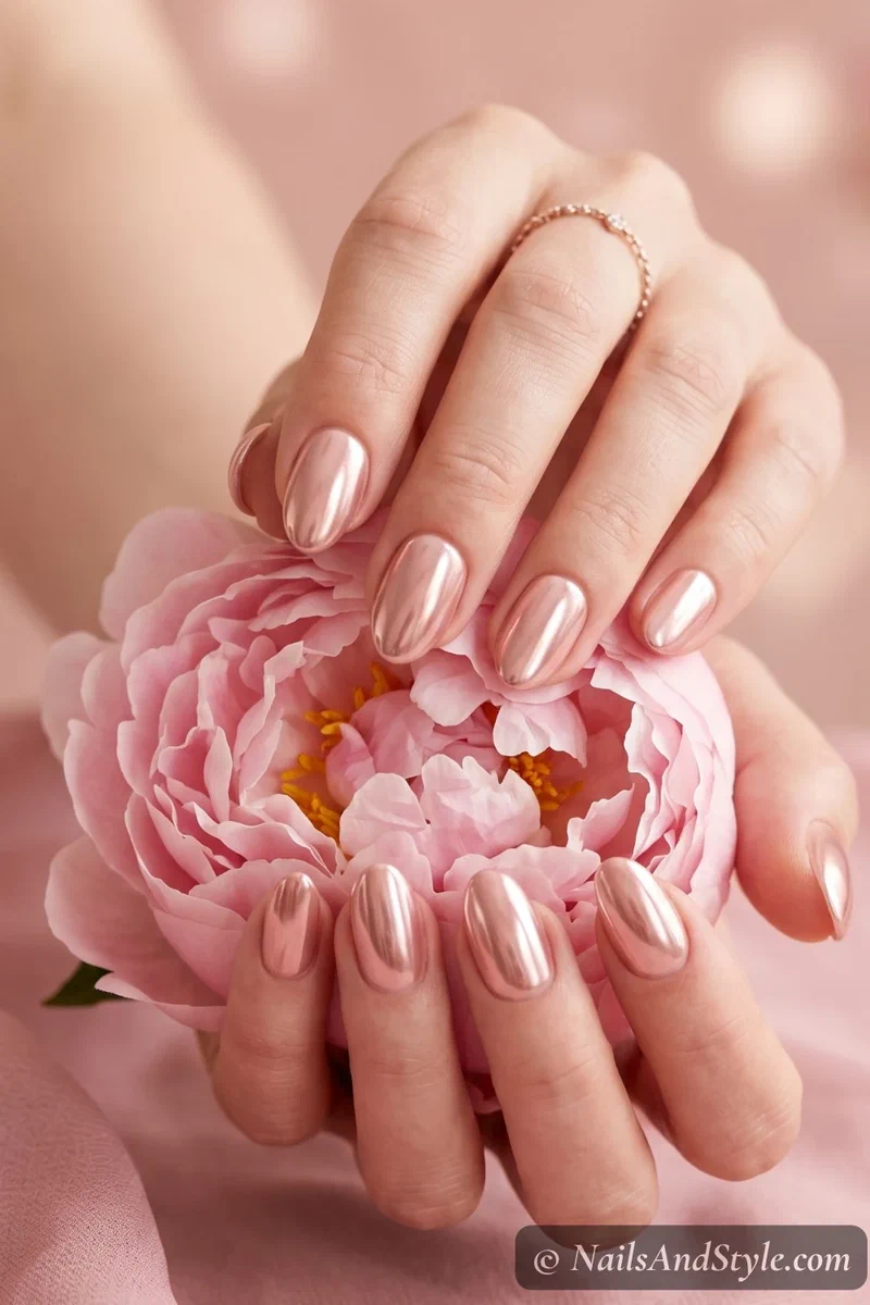Rose gold chrome nails with warm pink metallic sheen on short almond nails