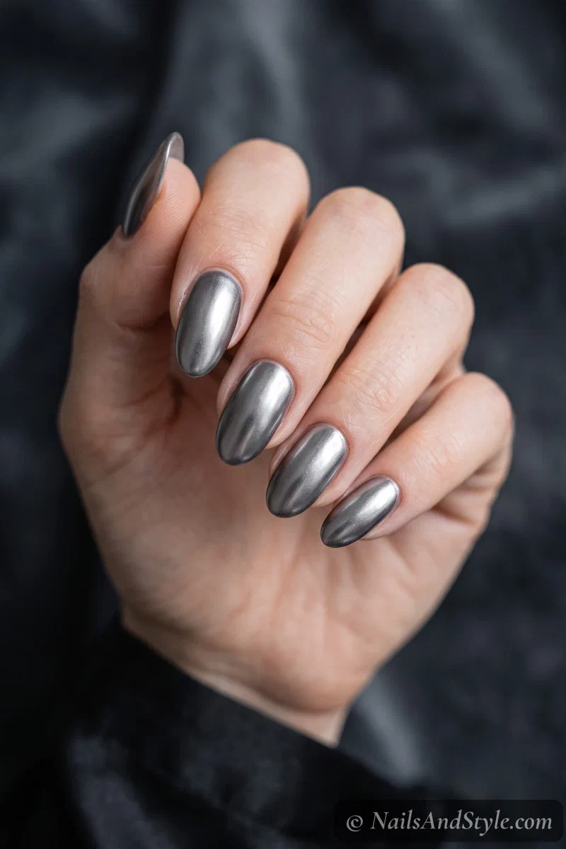 Soft metallic chrome nails made by rubbing silver eyeshadow pigment over black polish, pearly gunmetal sheen on medium nails
