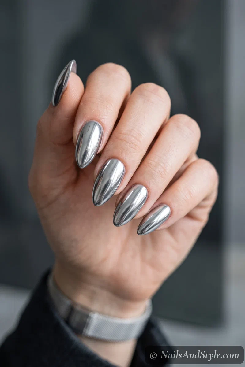 Silver mirror chrome nails painted with one-step chrome polish over a grey base, high-shine metallic finish on almond nails